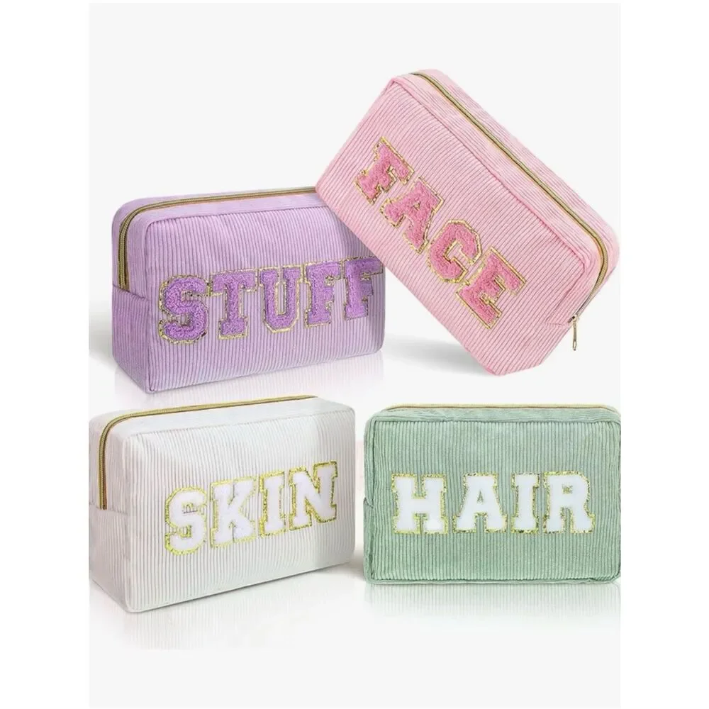 NEW 4Pcs Preppy Makeup Bags Chenille Letter Travel Organizer